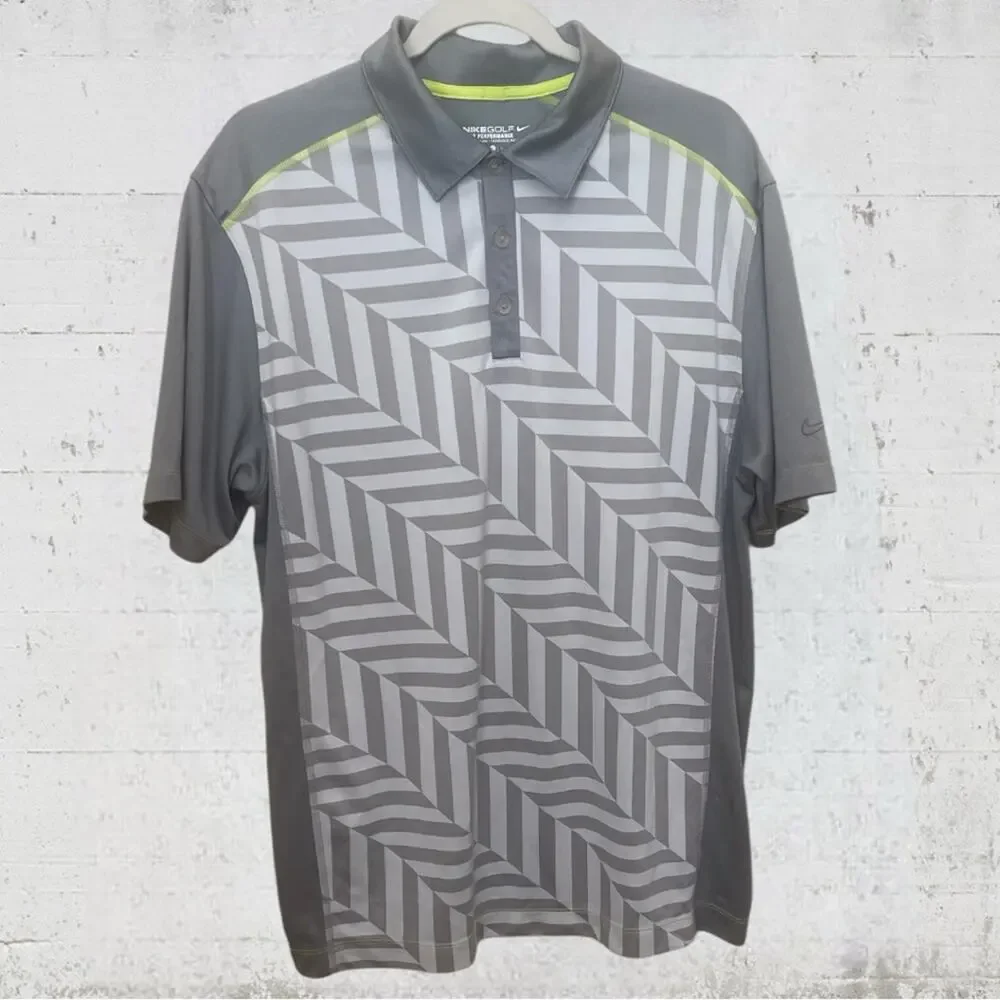 NIKE GOLF Tour Performance Polo Shirt Gray Abstract Stripes Size Large